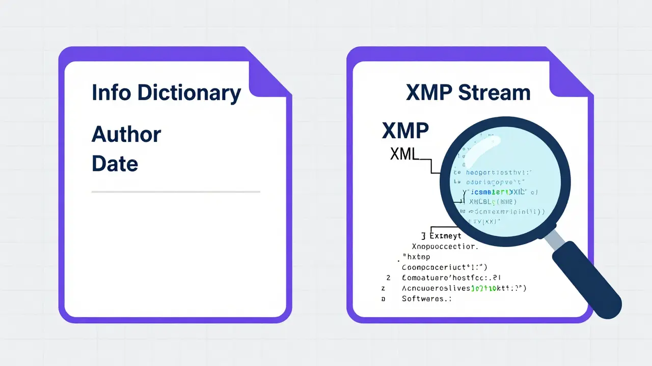 Visual comparison of simple Info Dictionary vs complex XMP stream data