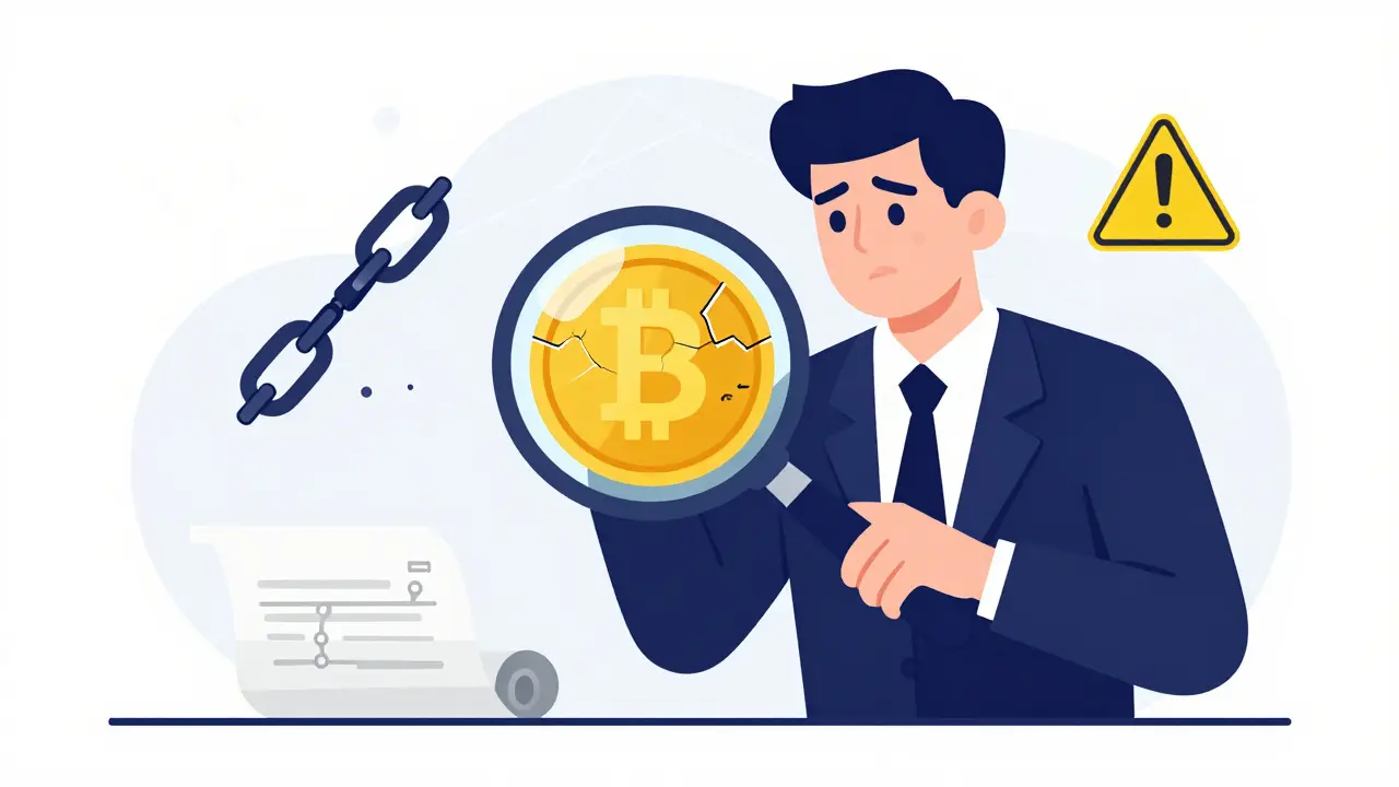 Analyst inspecting cracked crypto coin under magnifying glass