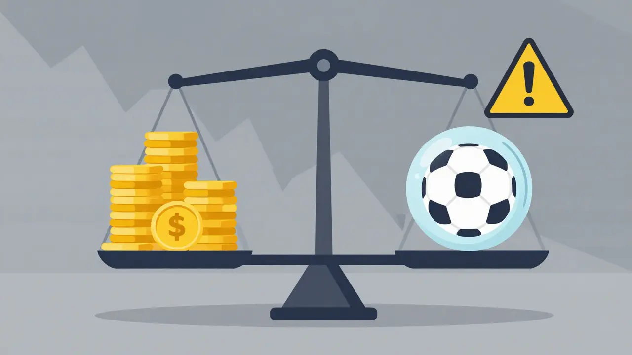 Balance scale weighing gold coins against a fragile soccer bubble