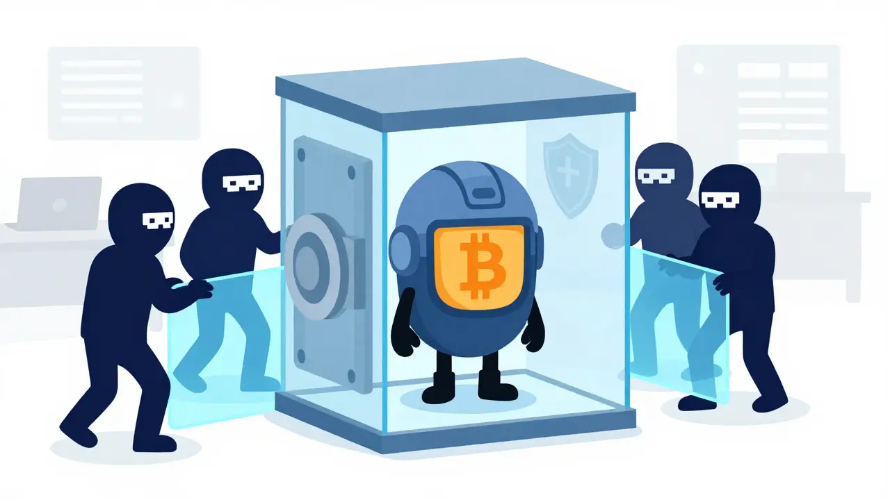 Bitcoin character protected in secure vault from hackers