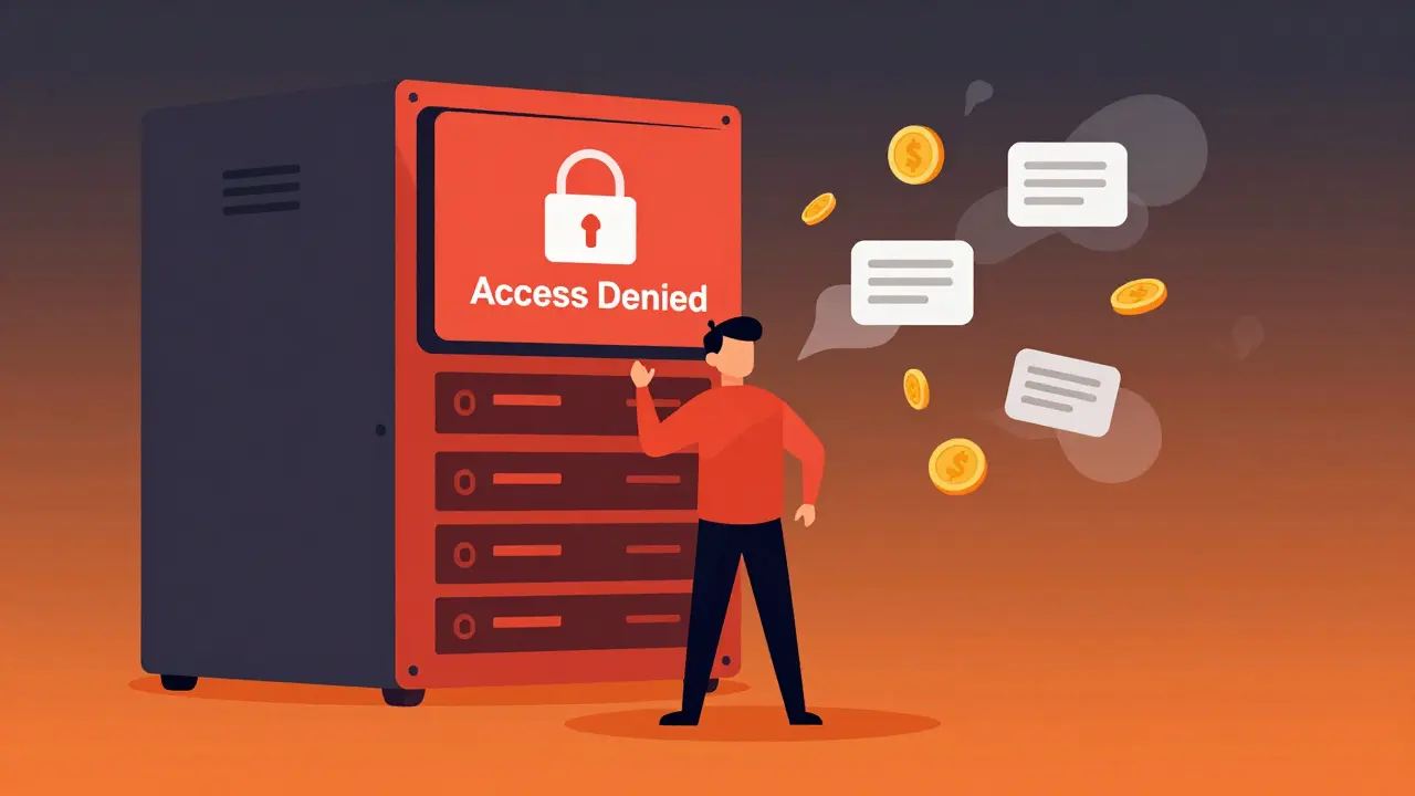 Cartoon of a user locked out of a server, representing lost funds and access denial.