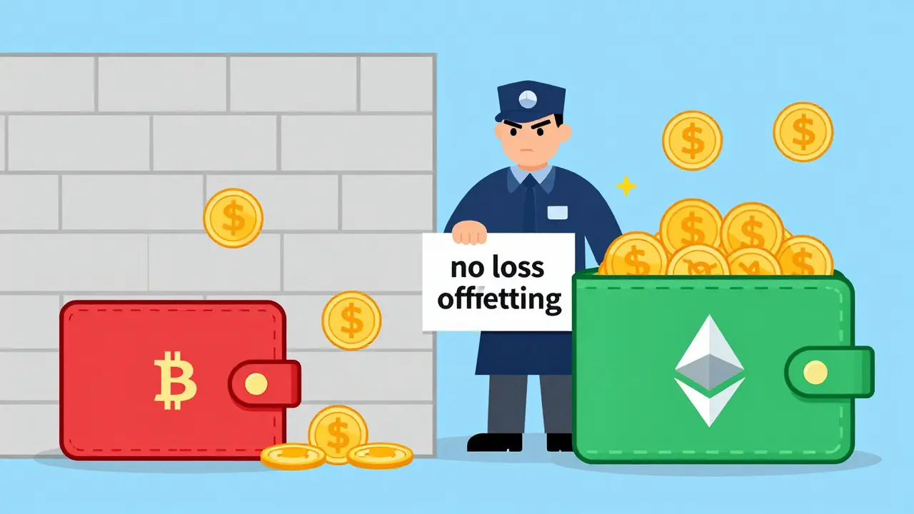 Cartoon showing blocked loss offsetting between Bitcoin and Ethereum wallets