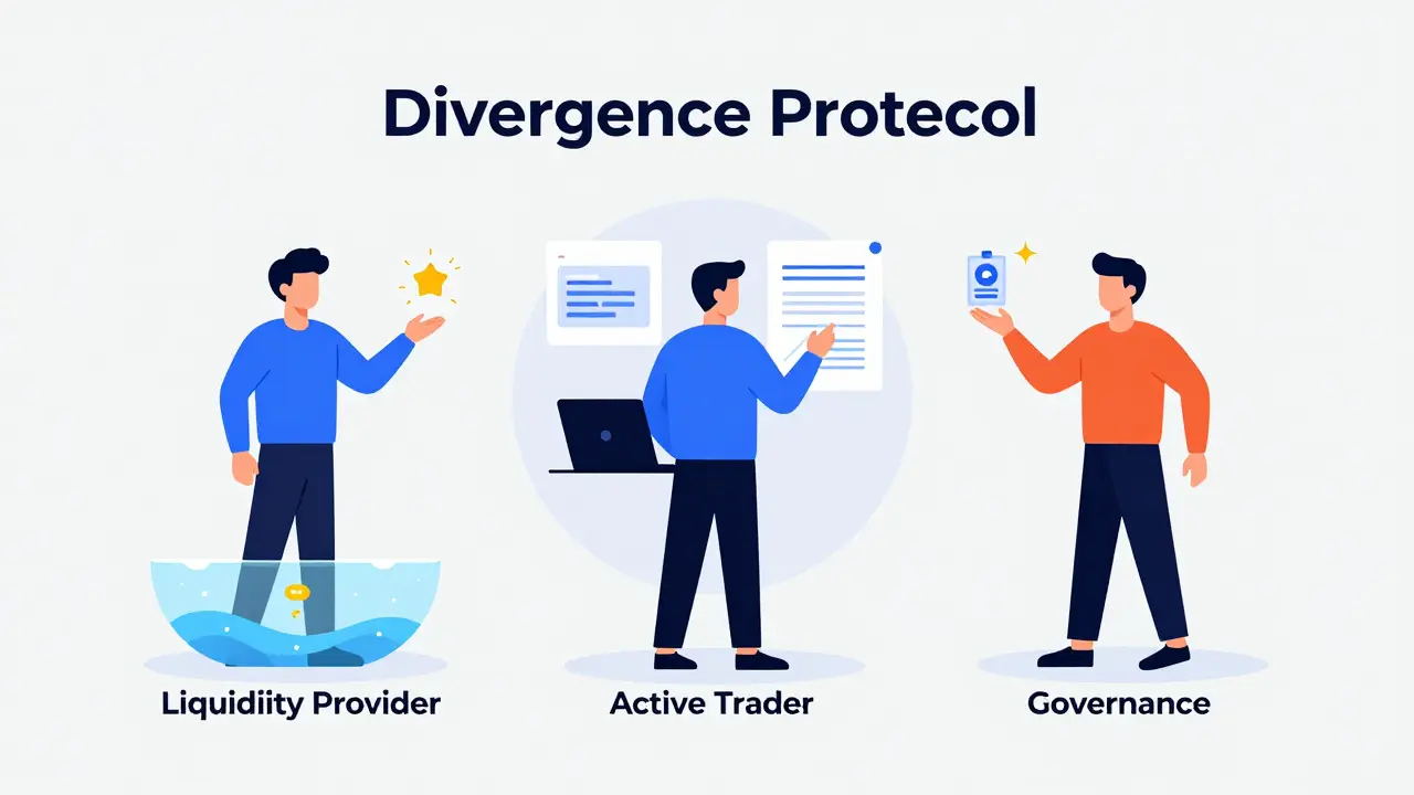 Characters earning tokens via liquidity, trading, and governance