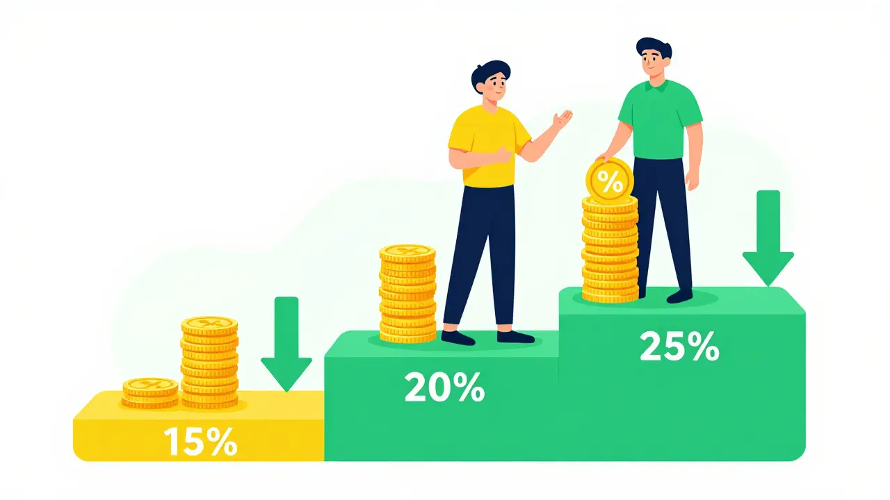 Characters on tiered steps holding coins showing fee discount percentages