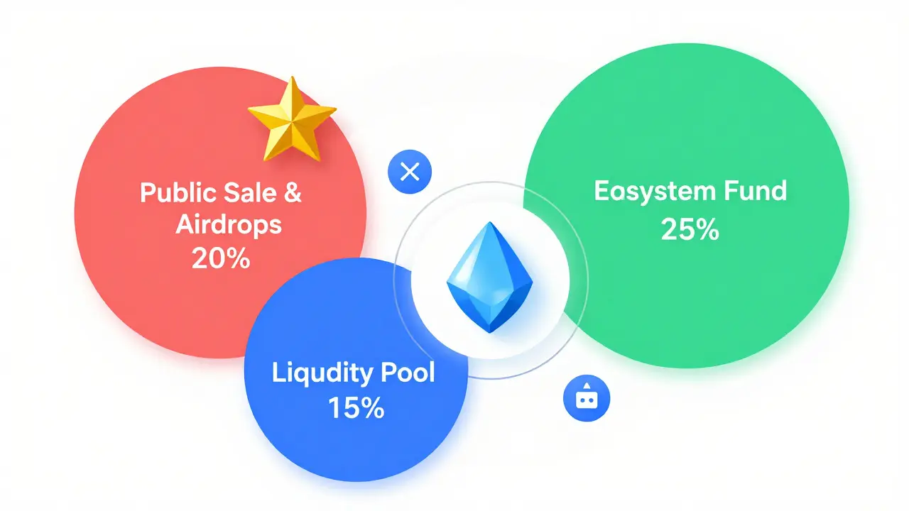Colorful flat graphic showing NFTL token allocation and utility sections
