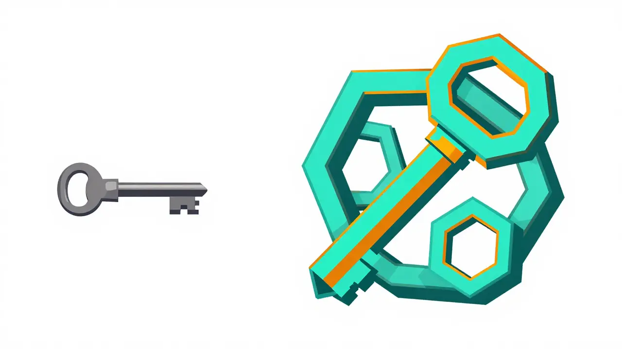 Comparison of small traditional key vs large complex quantum-resistant key.