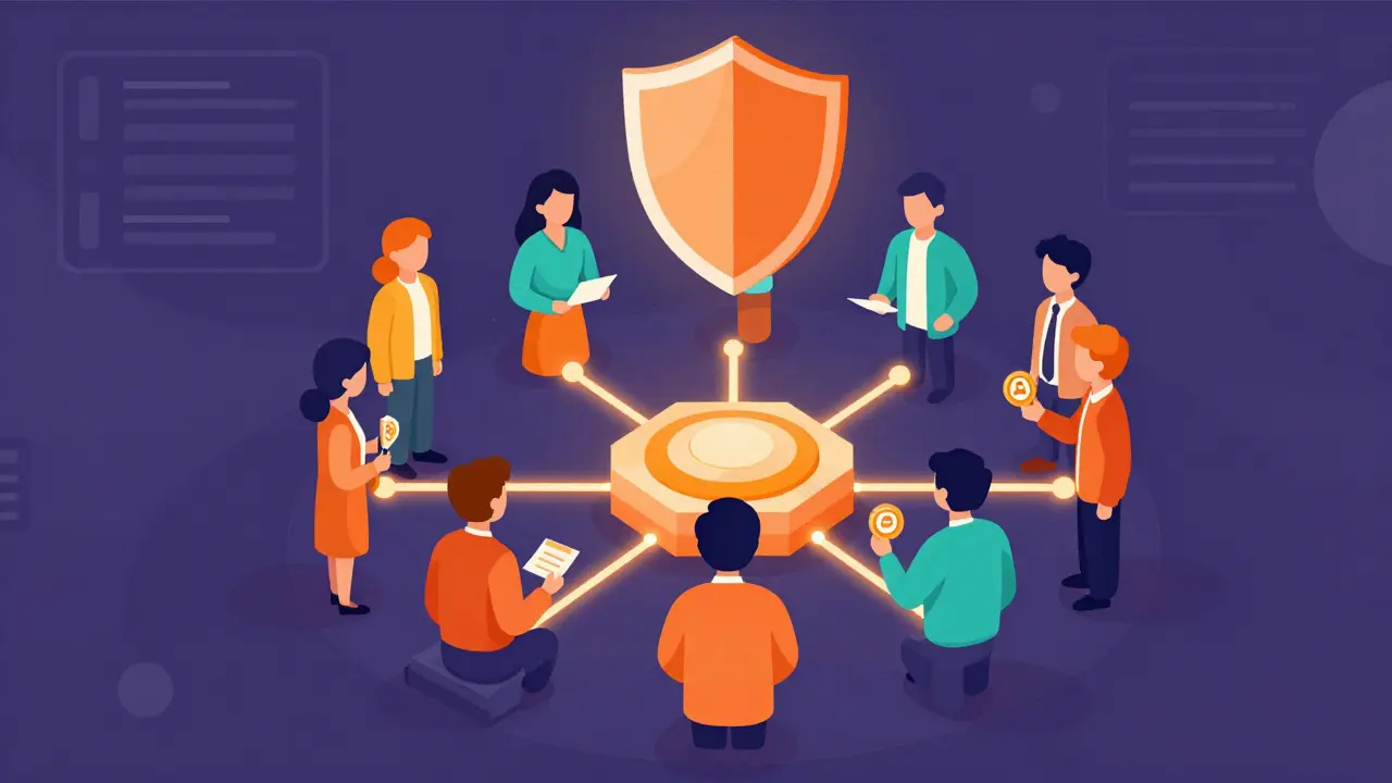 Conceptual art showing DAO members voting on-chain with legal protection.