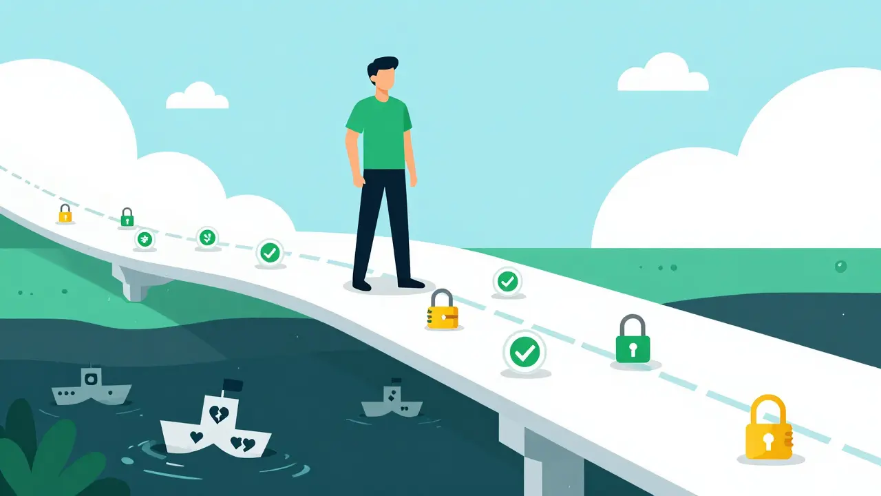Conceptual art showing safe trading path over dangerous fraud abyss