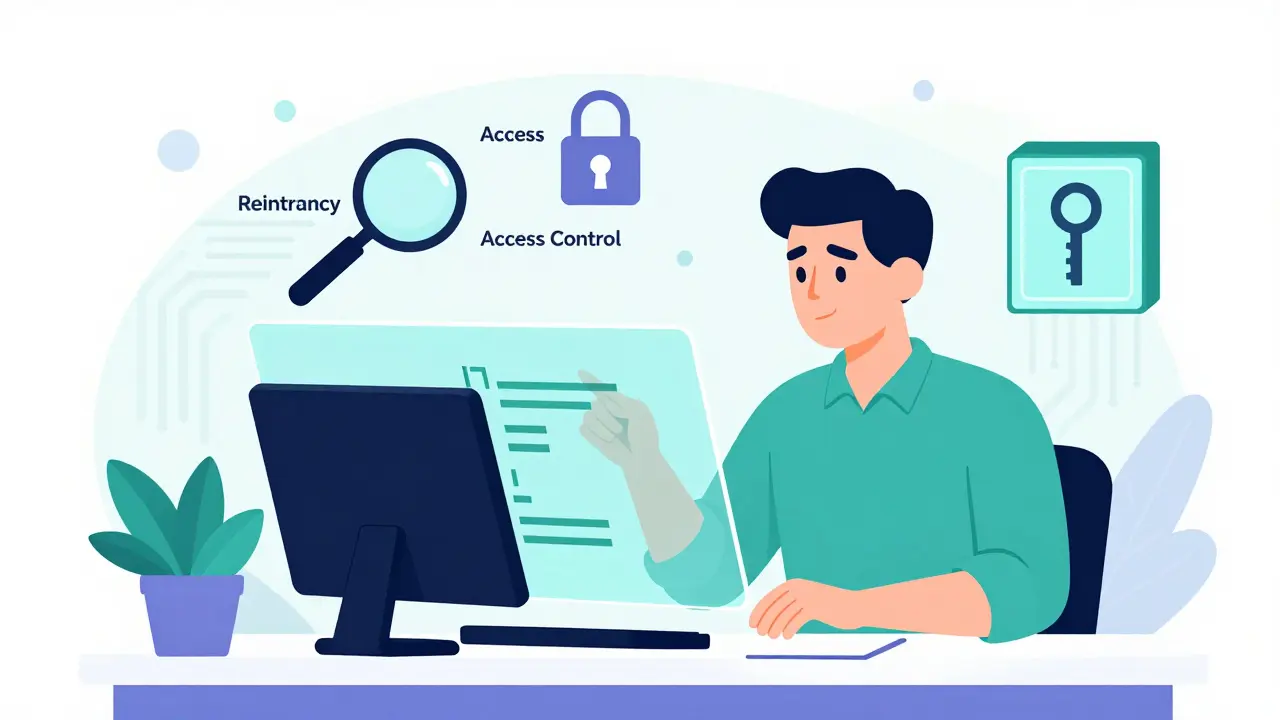 Developer reviewing code with floating security shield and lock icons