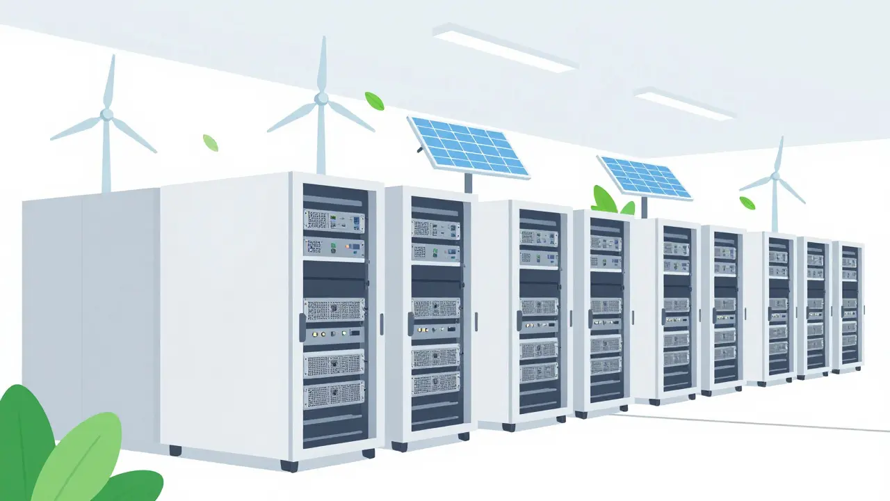 Eco-friendly data center with servers and green energy icons