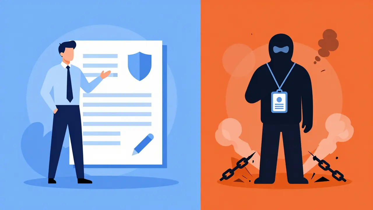 Flat illustration comparing legitimate financial firm vs shadowy scammer