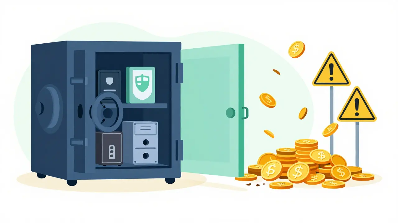 Flat illustration comparing secure vaults vs scam chaos