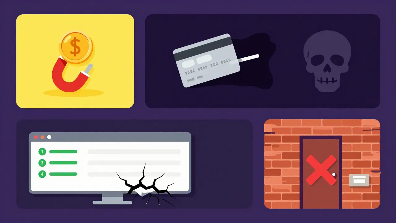 Four-panel flat illustration showing stages of a crypto scam