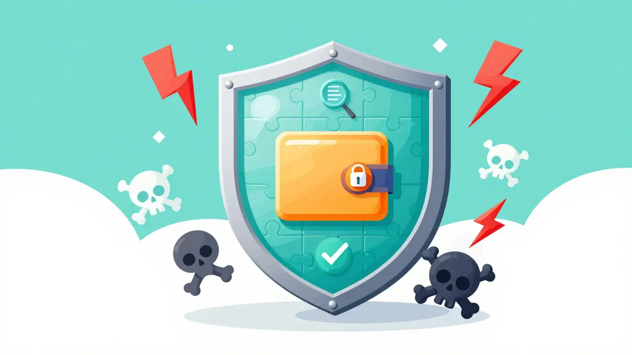 Graphic of a digital wallet protected by a shield against cyber threats
