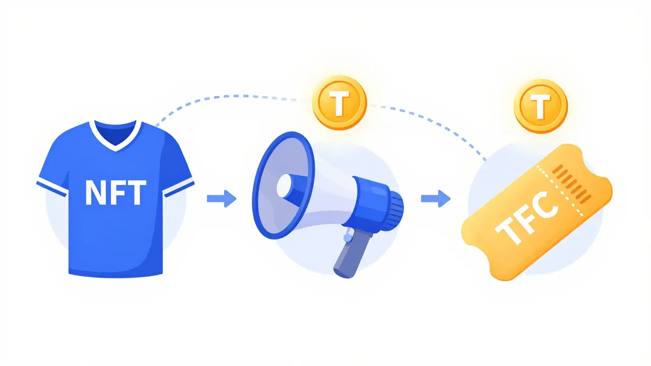 Icons of NFTs, ads, and tickets connected to a central TFC token