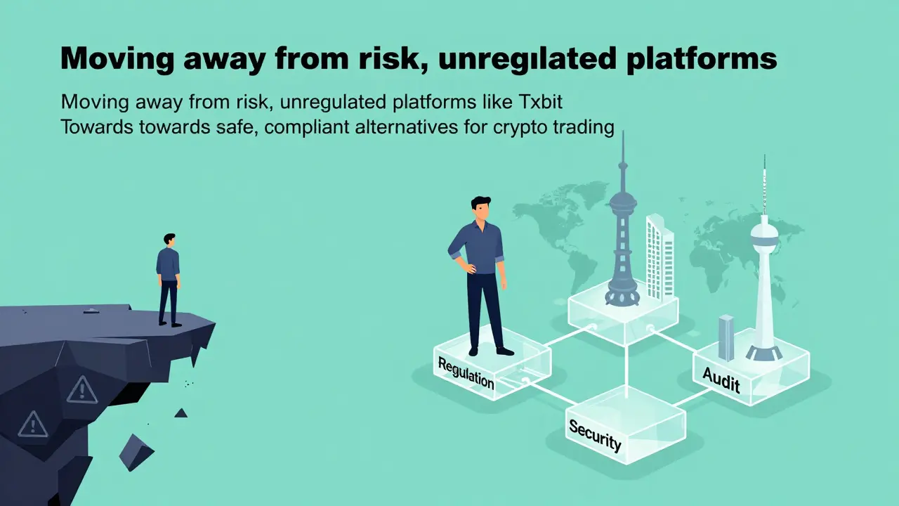 Illustration contrasting a risky platform with a secure, regulated crypto exchange foundation.