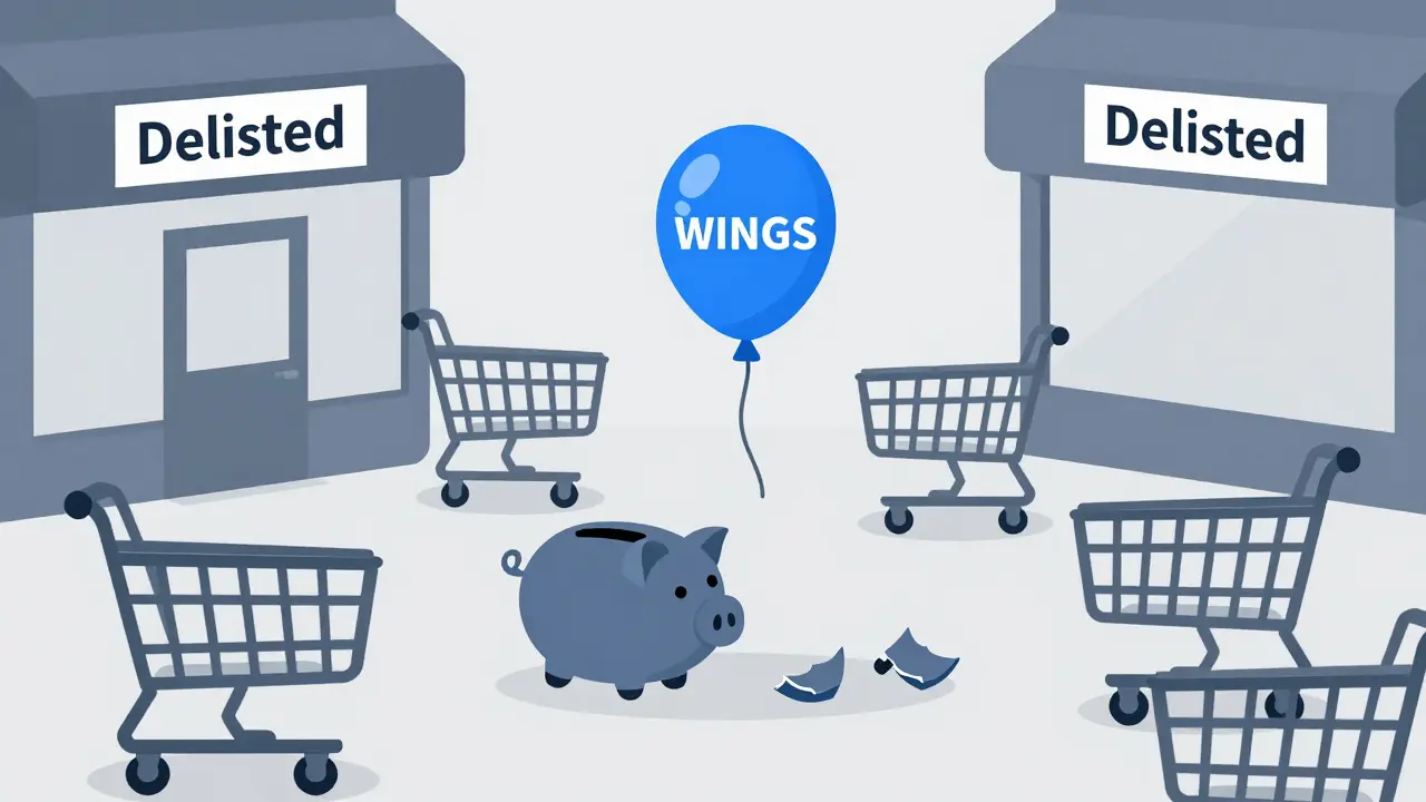 Illustration of a deflated WINGS token balloon and broken piggy bank