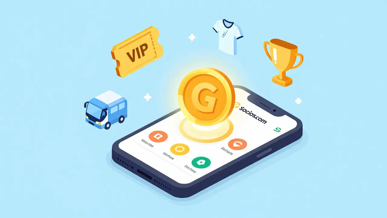 Smartphone showing fan token rewards like tickets and jerseys