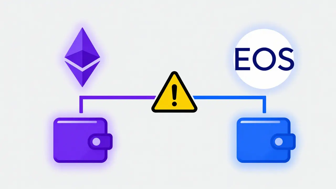 Split screen showing Ethereum and EOS chains with a warning sign