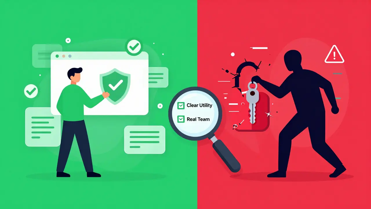 Split view comparing safe crypto practices versus scam risks