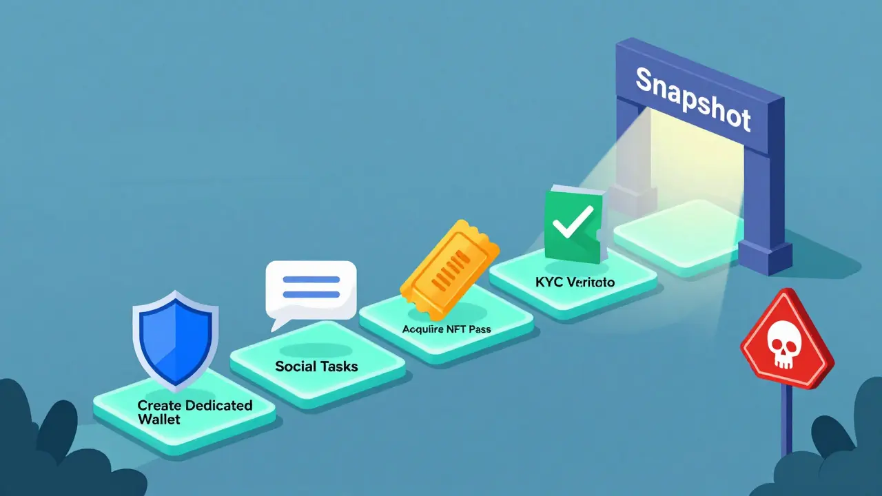 Step-by-step flat illustration of IDO qualification path and security tips