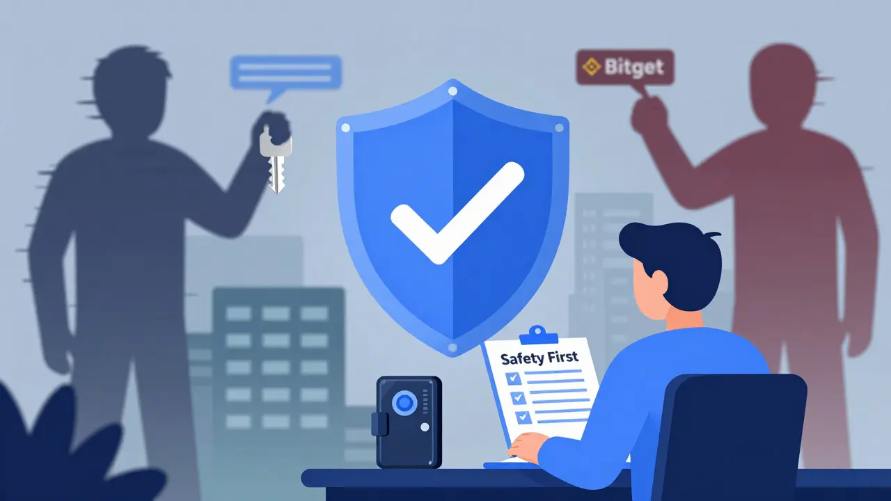 User protecting crypto assets with a shield against scams and phishing