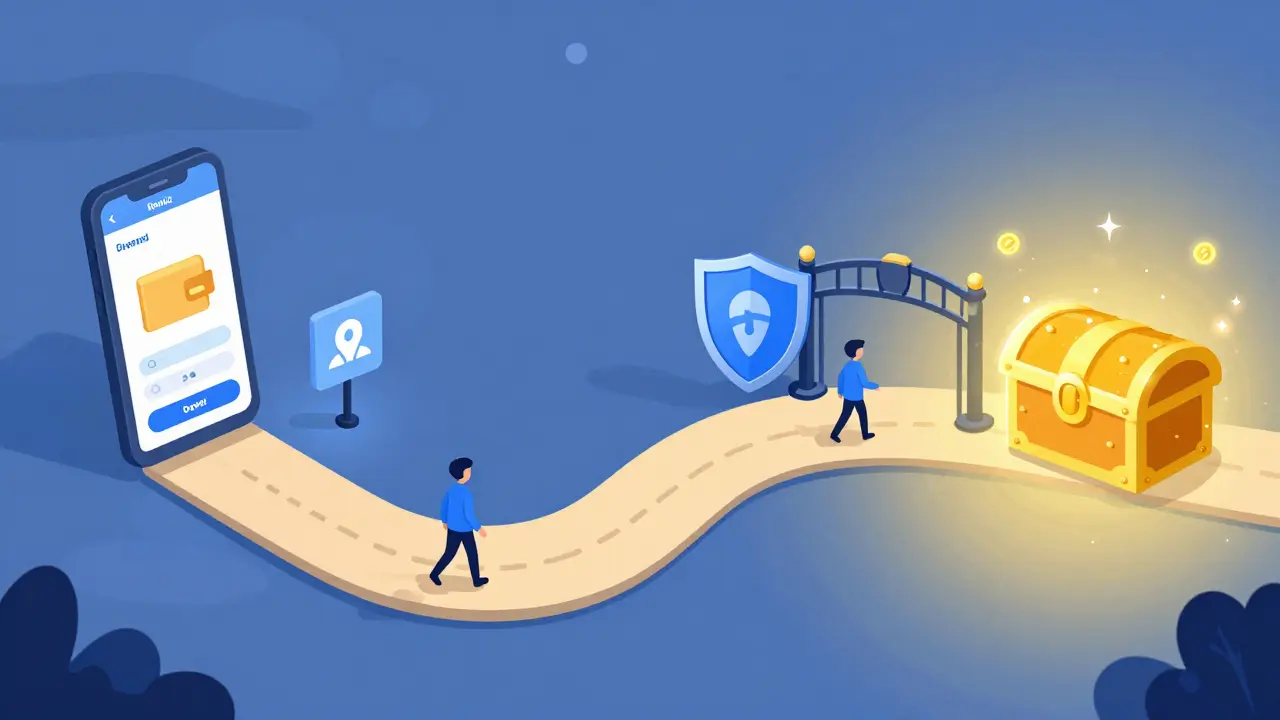 A winding path showing steps from wallet setup to earning staking rewards.