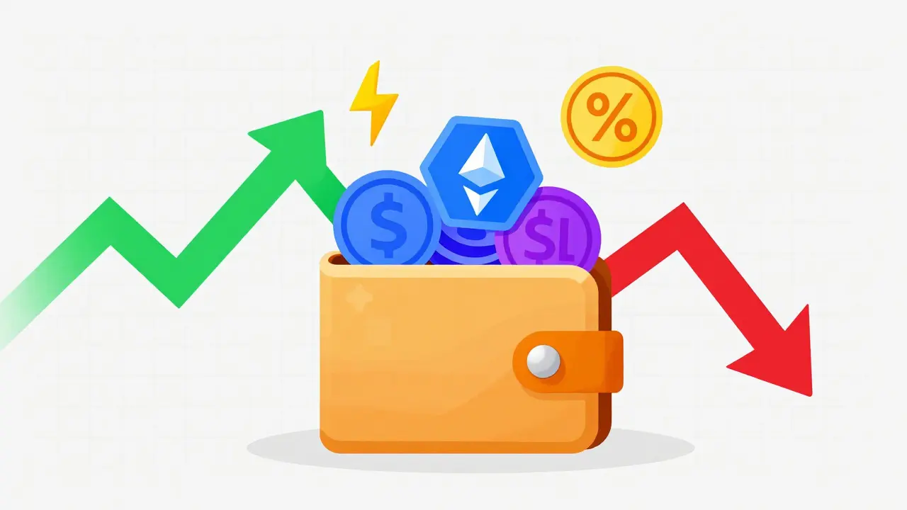 Abstract flat illustration showing crypto tokens, market volatility arrows, and risk factors.