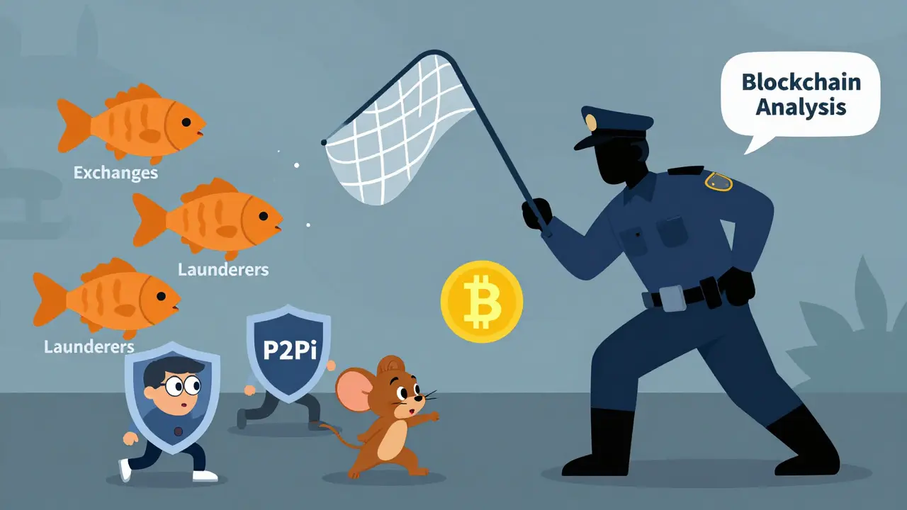 Cartoon of authorities chasing crypto users while catching big exchanges