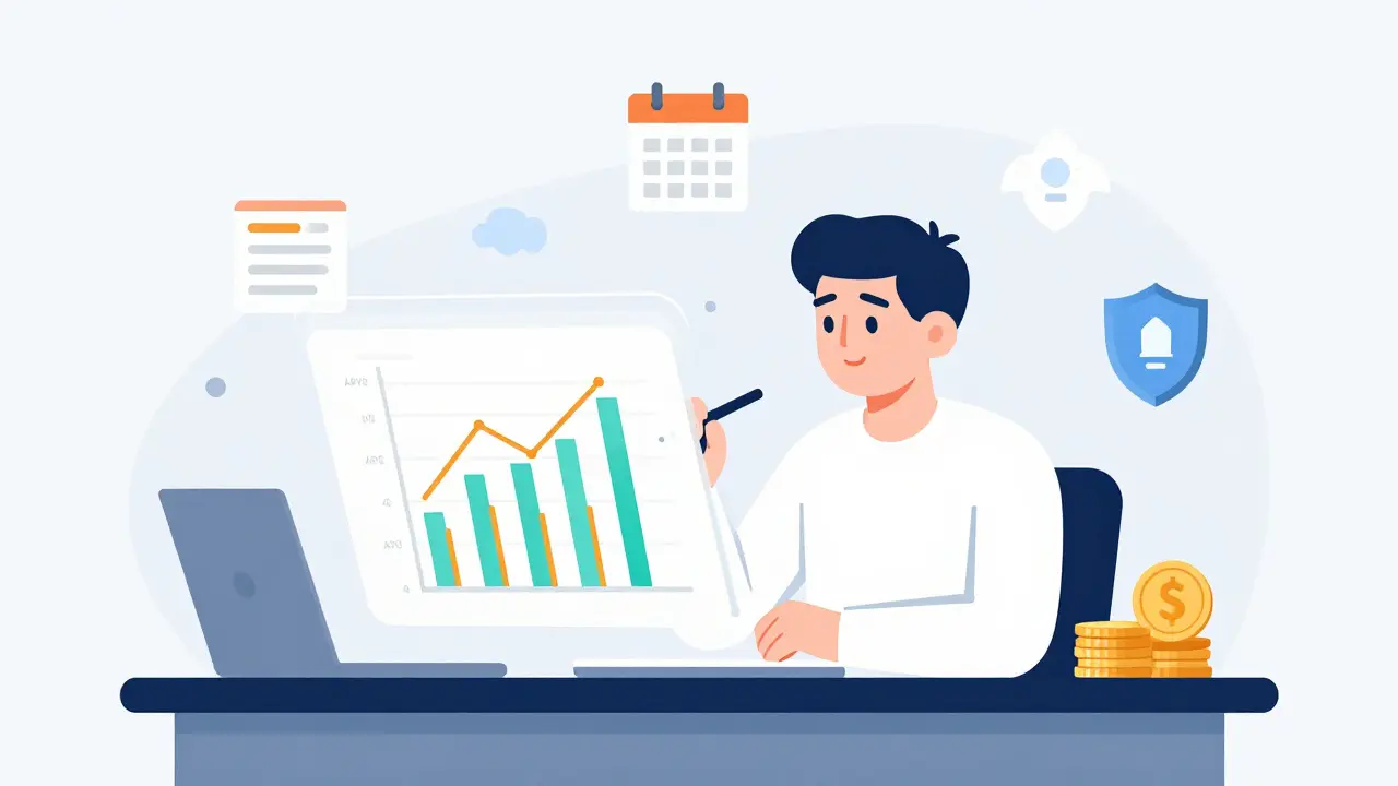 Character analyzing staking data and APY trends on a holographic dashboard interface.