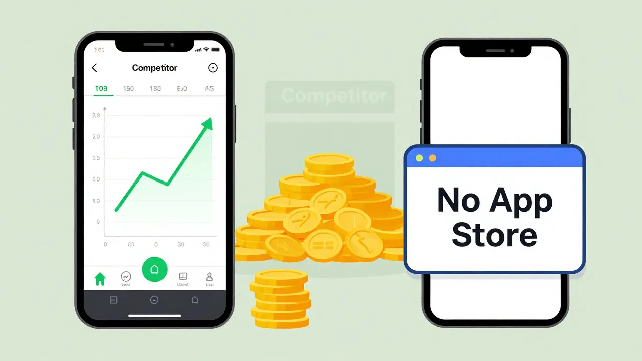 Comparison of Android app vs missing iOS app and limited liquidity visuals