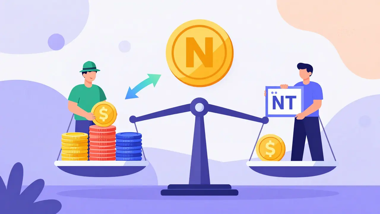 Flat design of NAMA tokenomics showing lenders and borrowers exchanging value