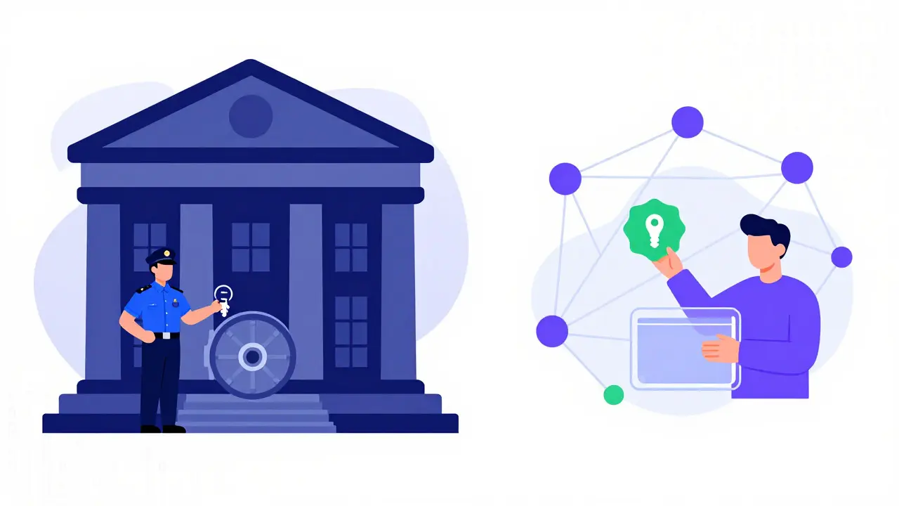 Flat graphic comparing centralized exchange custody vs decentralized self-custody