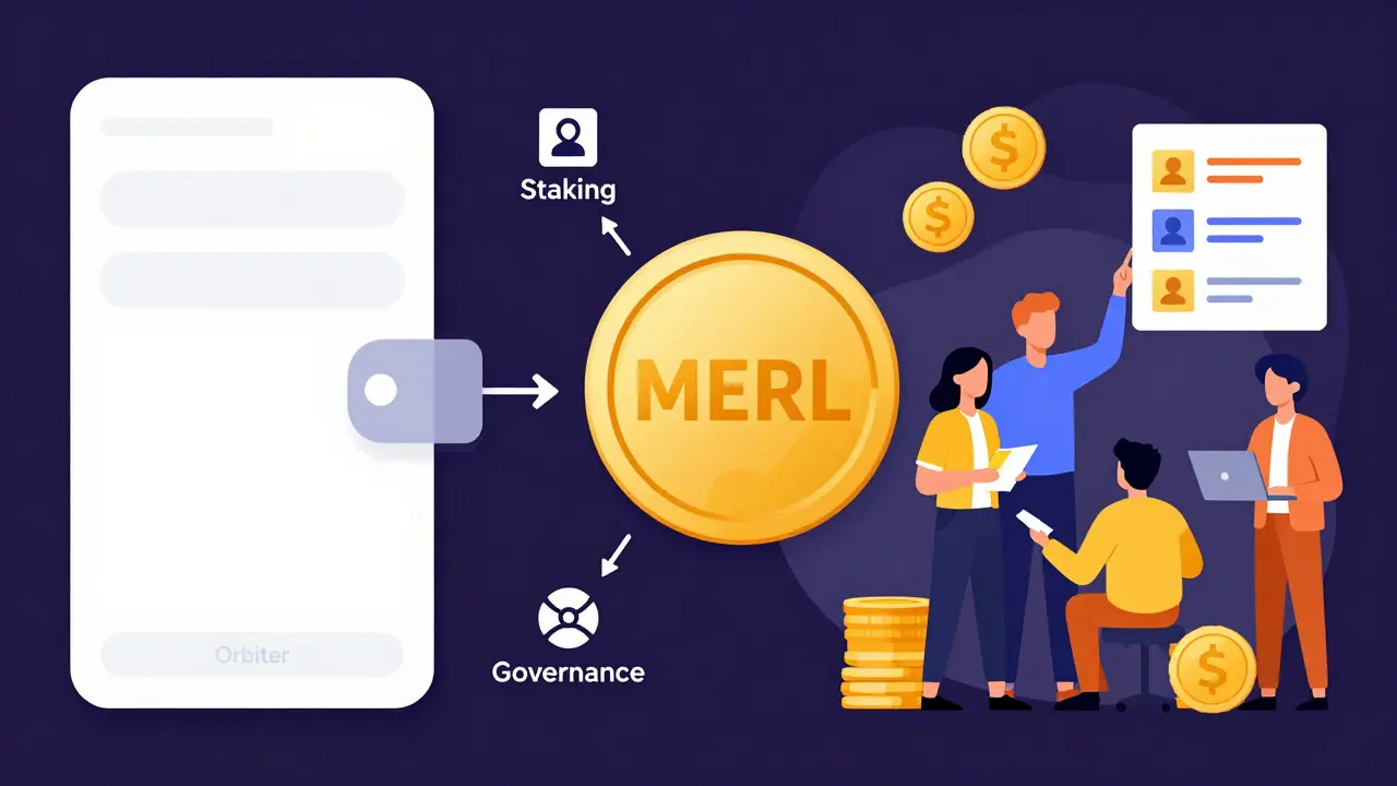 Flat illustration of MERL token connecting wallets, bridges, and DeFi utilities