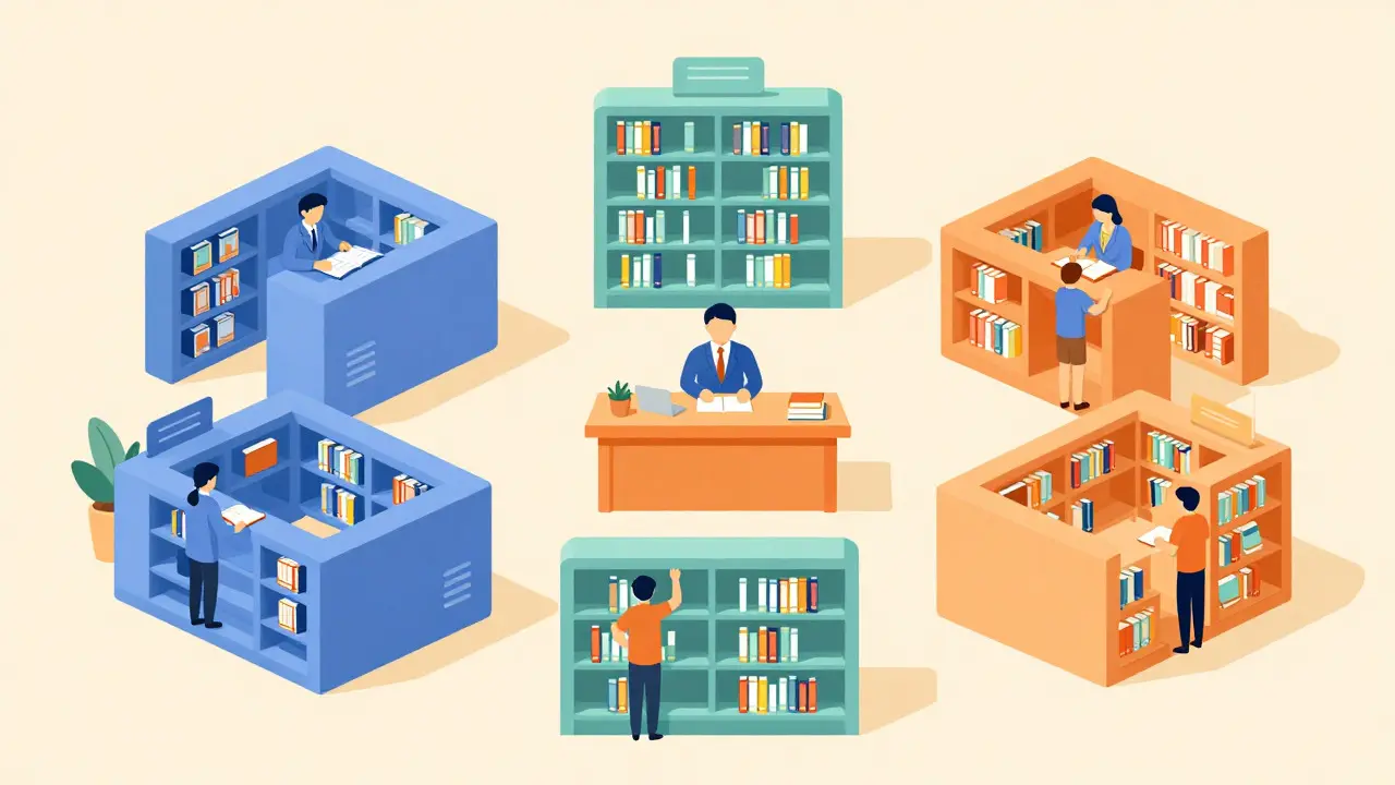 Flat illustration of sharding as a library with multiple efficient librarians