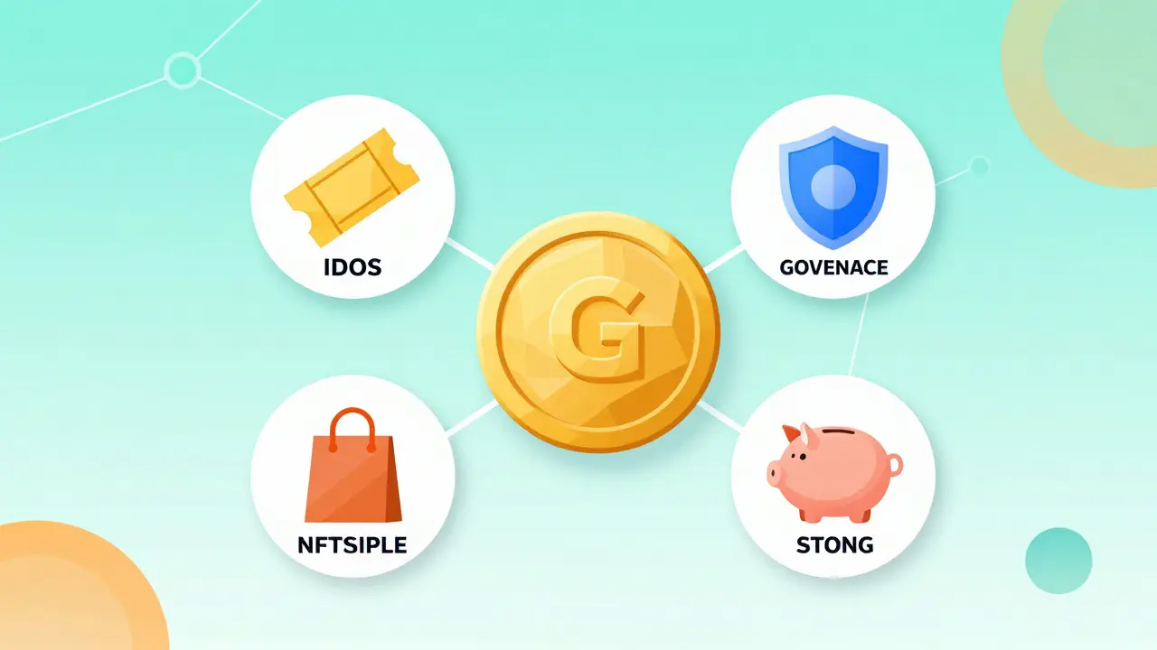 Golden coin surrounded by icons representing staking, NFTs, and governance utilities.