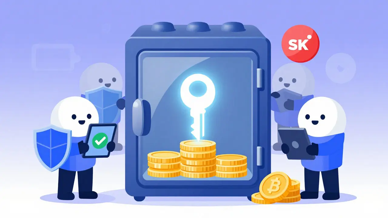 Illustration of crypto coins locked in a digital vault guarded by validators