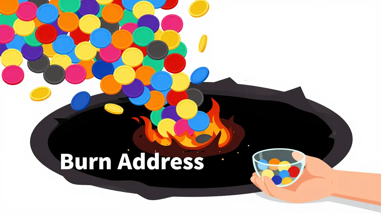 Illustration of most crypto coins burning away, leaving only a tiny amount remaining.