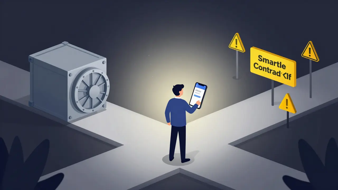 Investor choosing between secure wallet storage and risky unknown paths