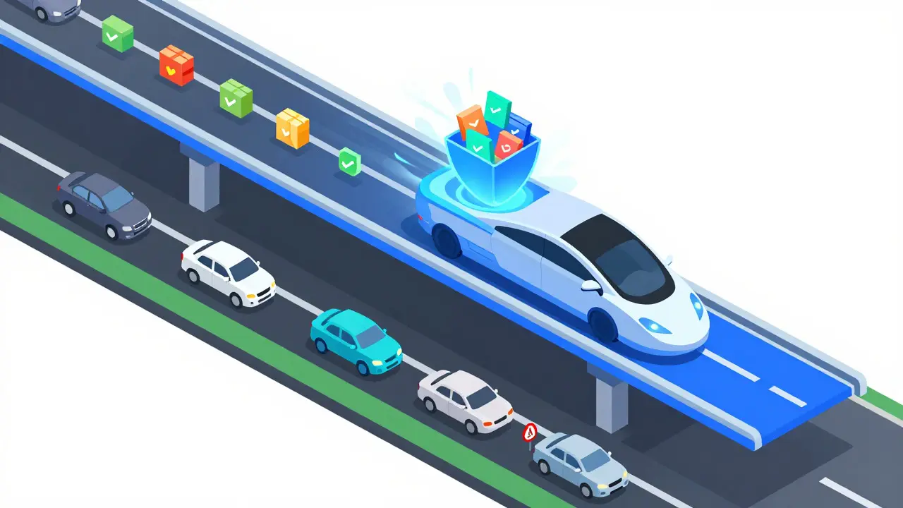 Isometric flat illustration showing fast ZK-Rollup highway over slow Bitcoin traffic