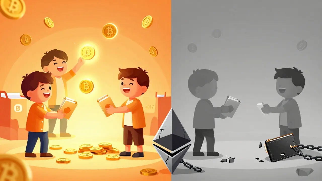 Split illustration contrasting 2017 crypto hype with current empty void