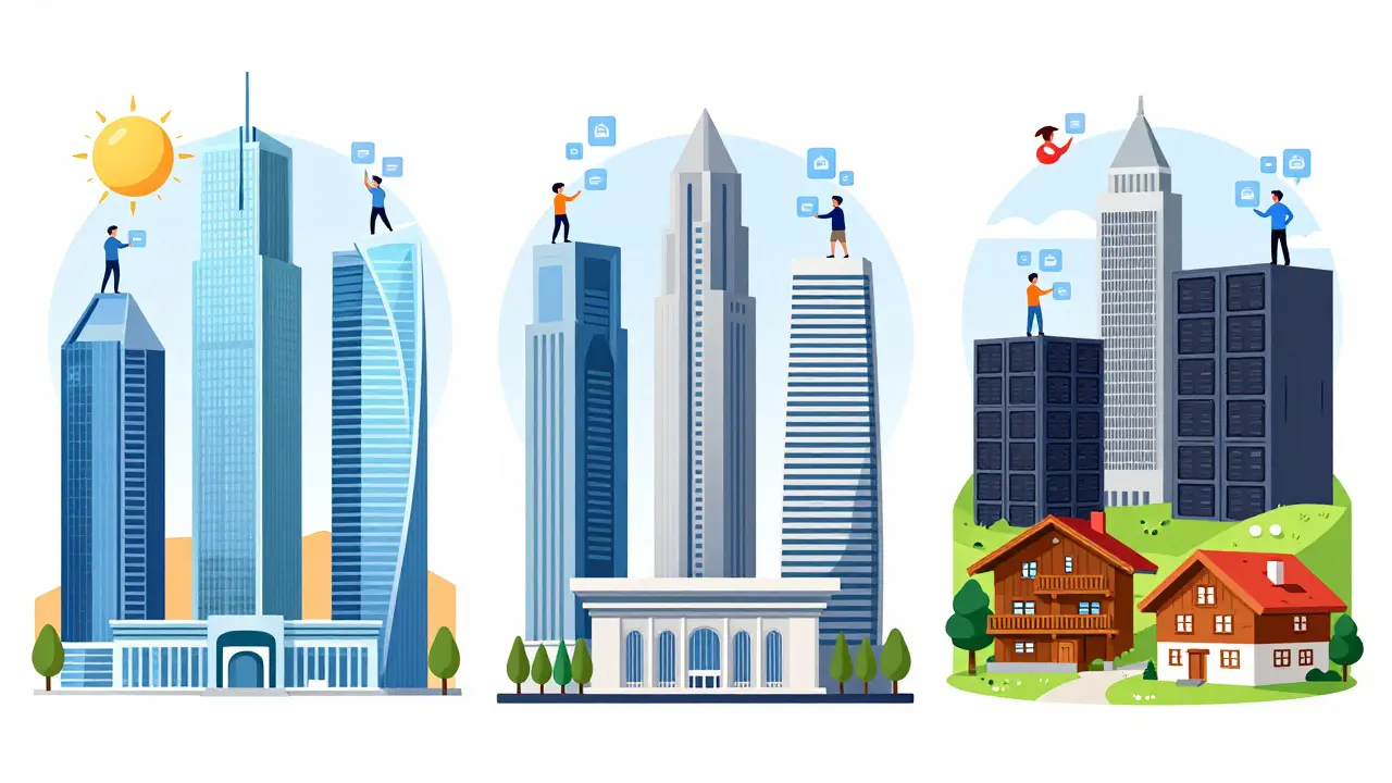 Stylized comparison of UAE, Singapore, and Switzerland as crypto hubs