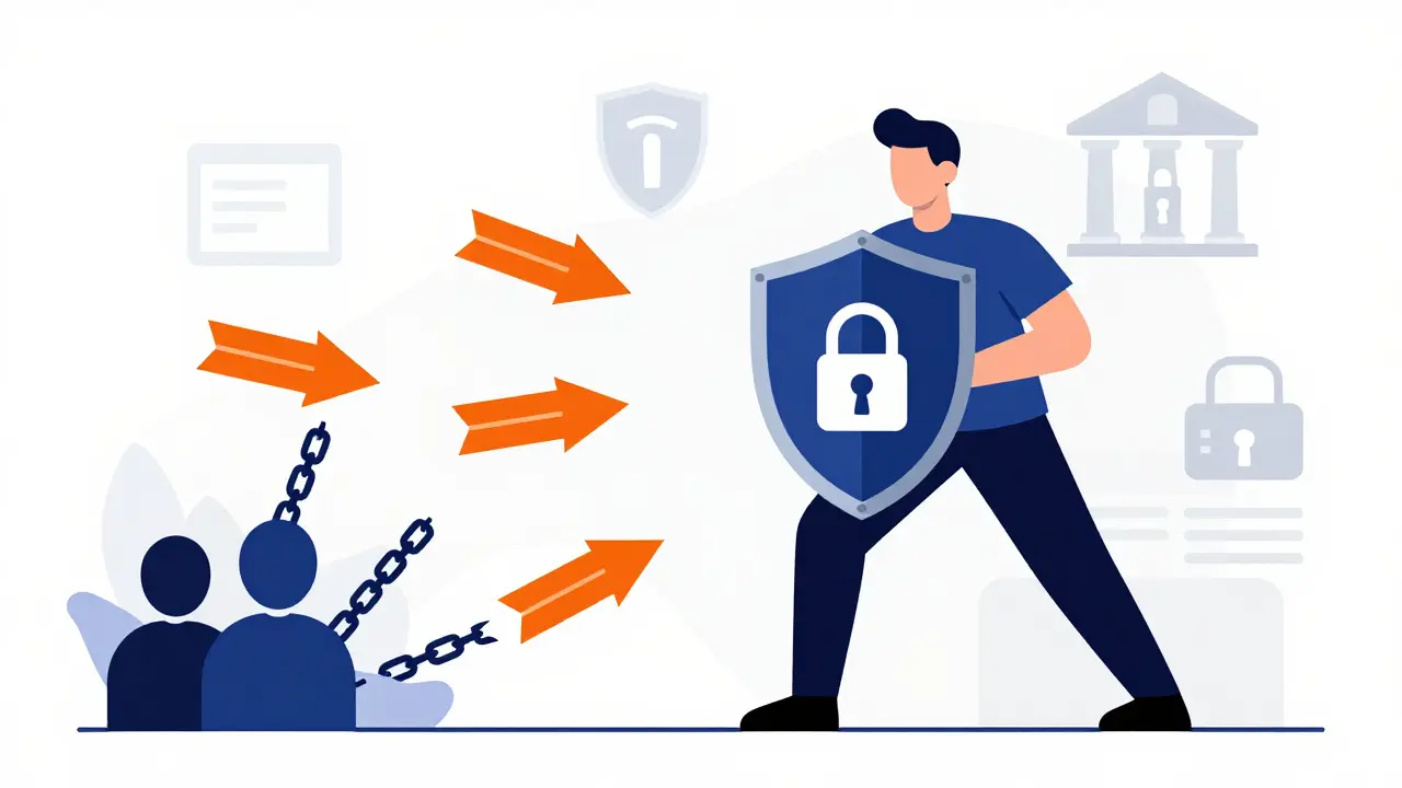 User holding security shield against fraud threats