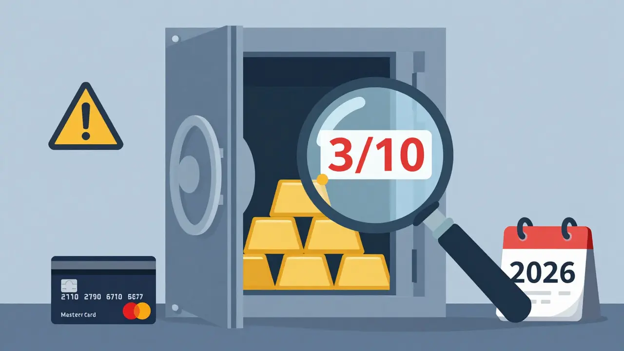 Vault with missing reserves and low rating badge illustrating security risks