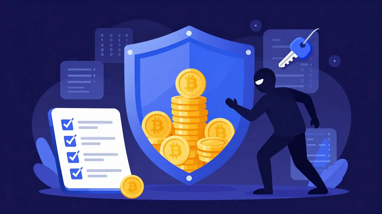 A digital shield protecting coins from a shadowy scammer in a flat cartoon style