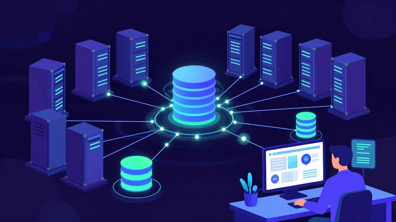 Abstract flat illustration of server networks and data flows representing tech infrastructure