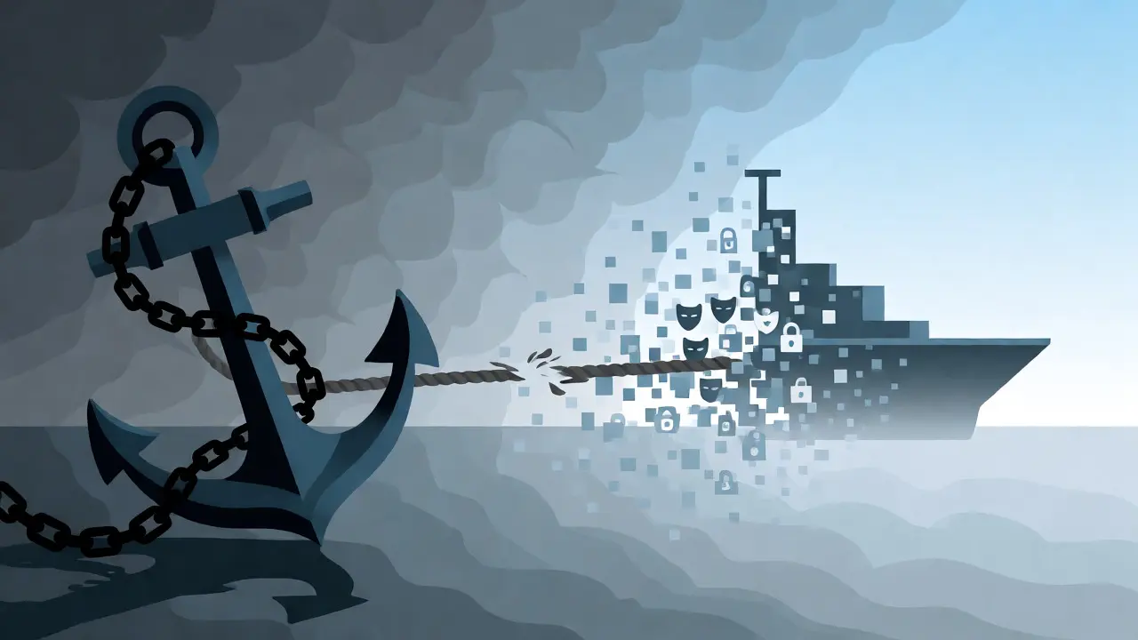 Abstract tug-of-war between regulatory anchors and elusive crypto ships.