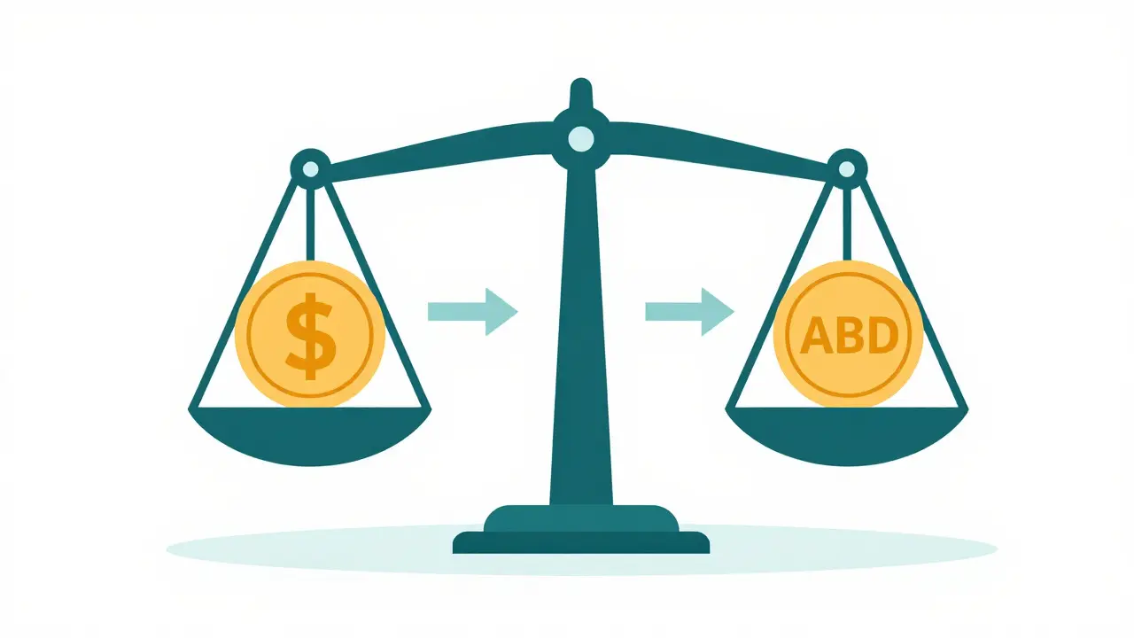 Balance scale showing ABD token pegged to one dollar