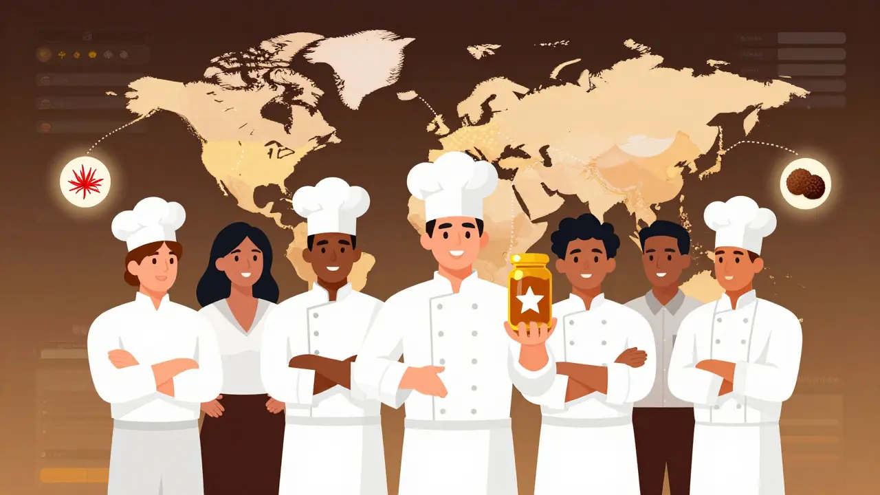 Cartoon chefs holding premium spice jars with floating rare ingredient icons in background