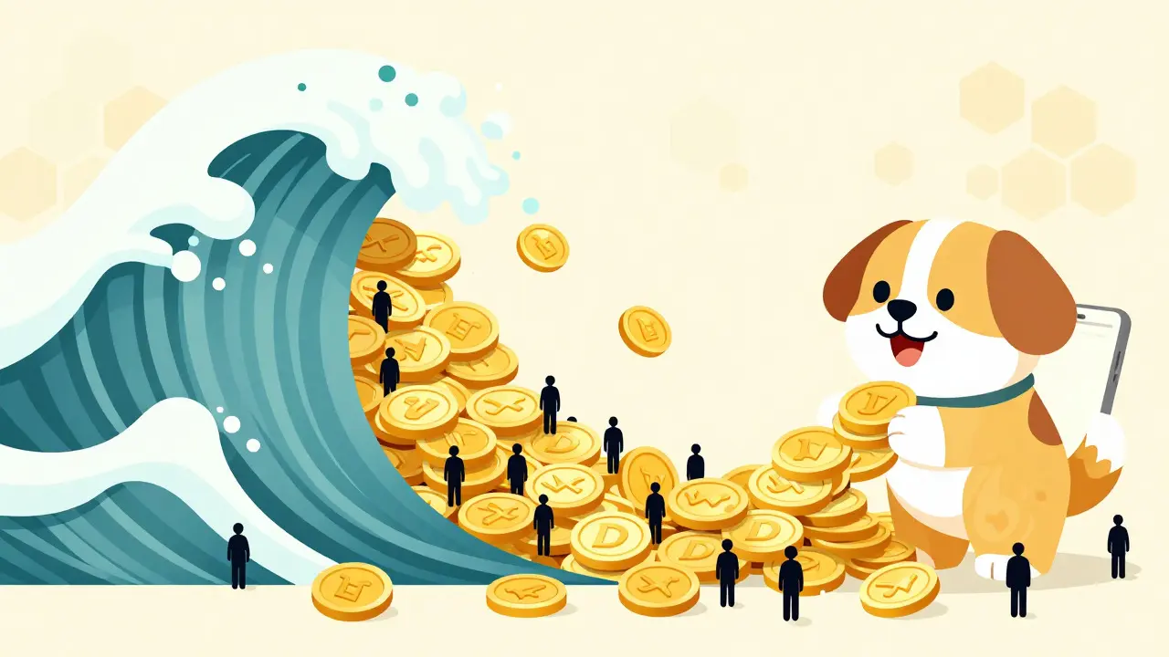 Cartoon depiction of a massive token airdrop flowing from a dog to many users